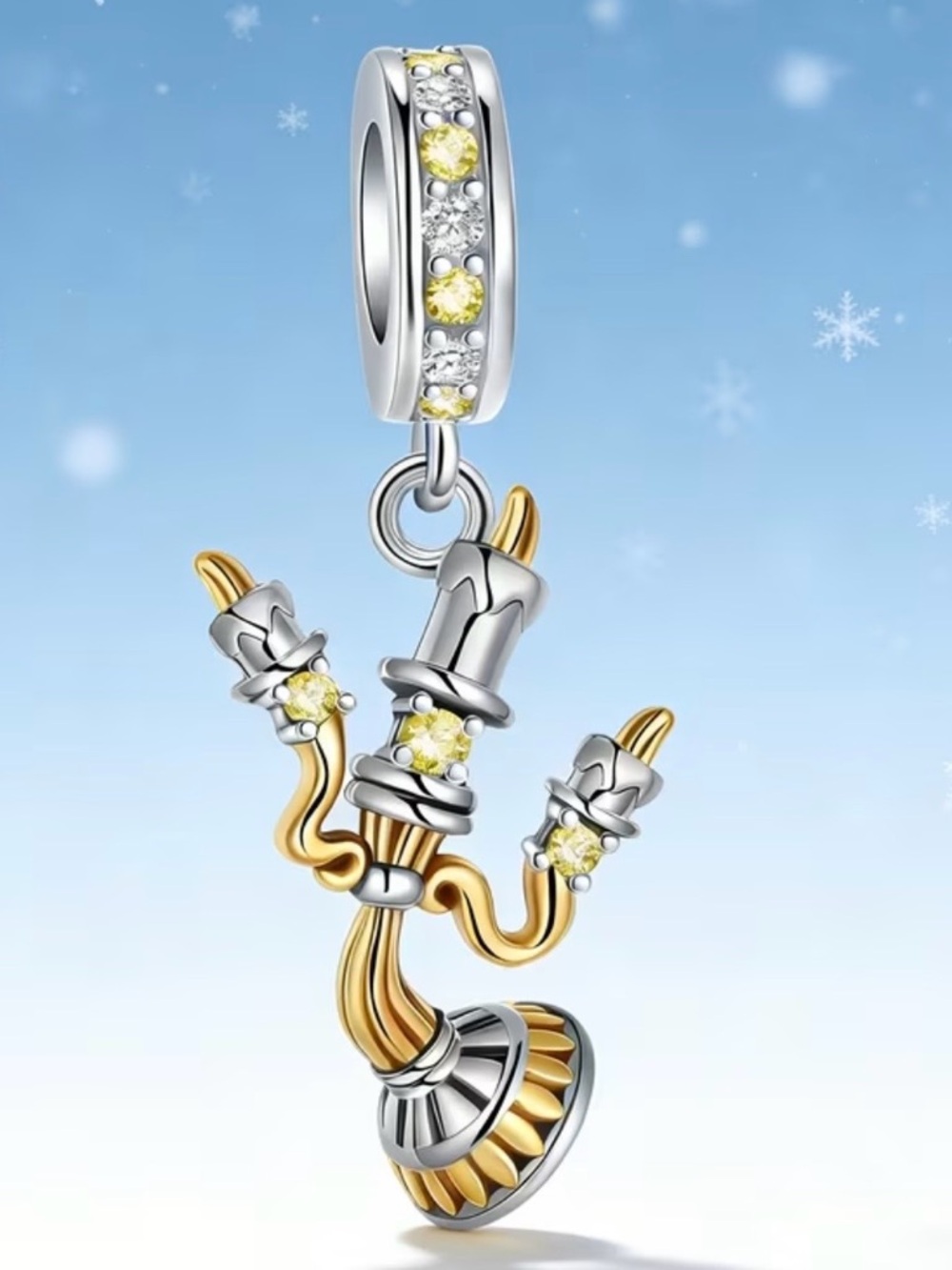 New! Gold Tone Beauty & the Beast Lumiere Candle 925 Sterling Silver Charm